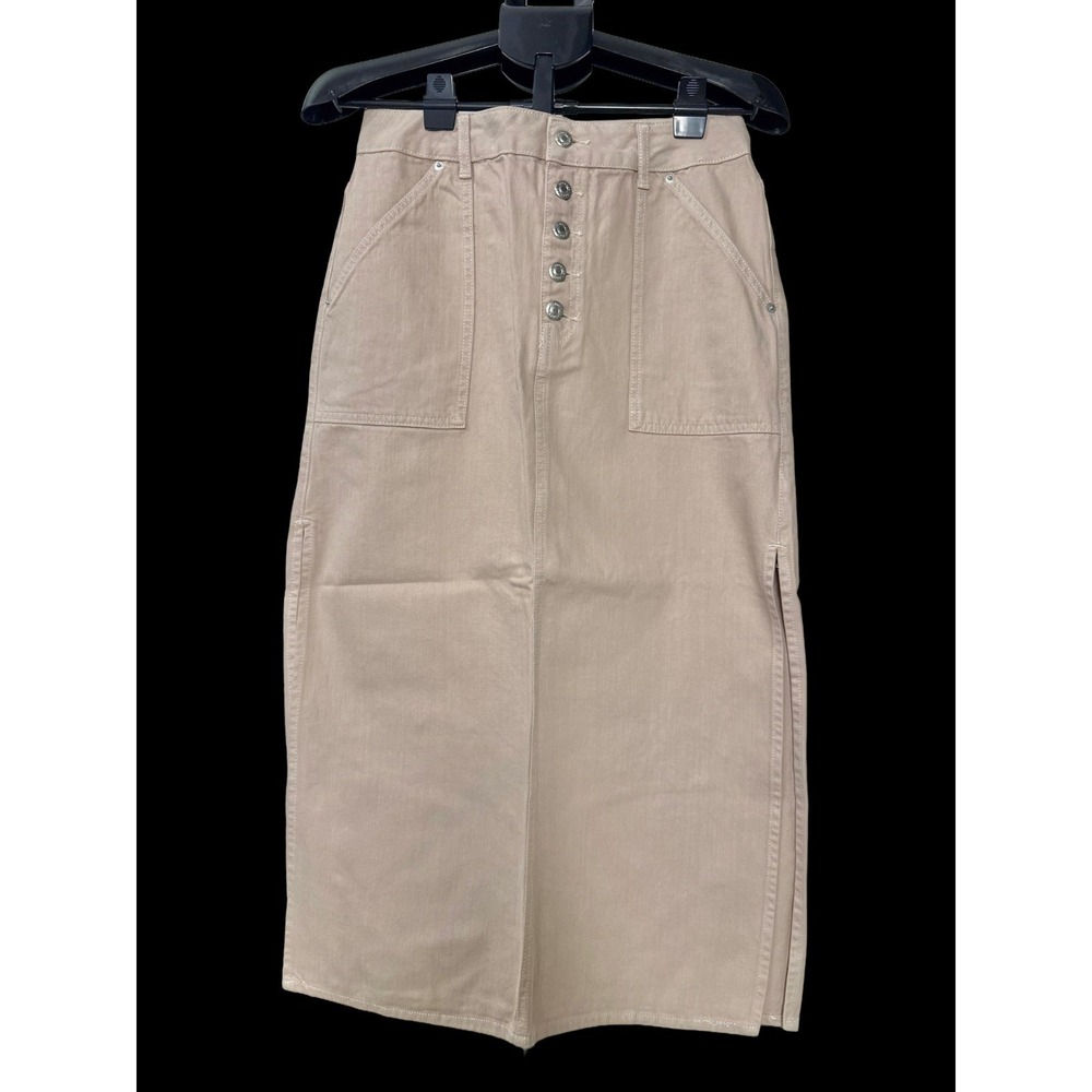 Topshop Utility Denim Column Midi Maxi Skirt Nude Button Front Patch Pocket Sz 8